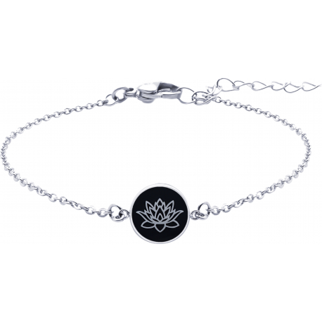 Bracelet acier - fleur de lotus - onyx - diamètre 18mm - 15+5cm