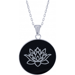Collier acier - fleur de lotus - onyx - diamètre 25mm - 45+5cm