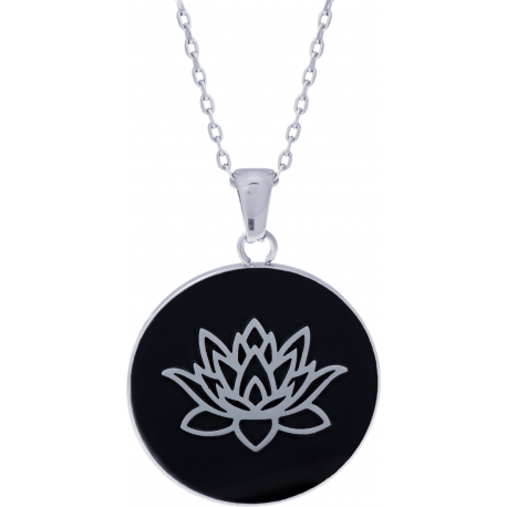 Collier acier - fleur de lotus - onyx - diamètre 25mm - 45+5cm