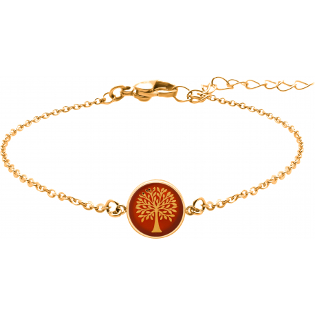 Bracelet acier doré - arbre de vie - agate rouge - diamètre 18mm - 15+5cm