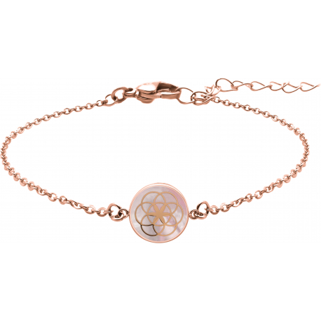 Bracelet acier doré - fleur de vie - nacre rosé - diamètre 18mm - 15+5cm