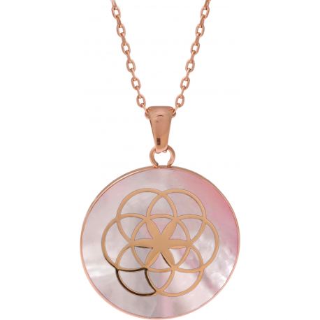 Collier acier doré - fleur de vie - nacre rosé - diamètre 25mm - 45+5cm