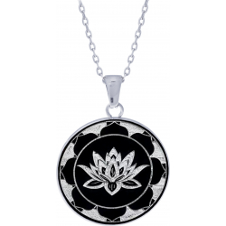 Collier acier - fleur de lotus - onyx - diamètre 20mm - 40+10cm