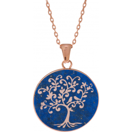 Collier acier rosé - arbre de vie - lapis lazuli - diamètre 20mm - 40+10cm