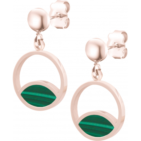 Boucles d'oreille acier rosé - malachite - diamètre 14mm