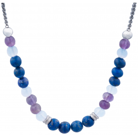 Collier STILIVITA en acier - Collection équilibre - SERENITE - lapis lazuli - calcédoine-améthyste-chakra troisième oeil-42+10cm