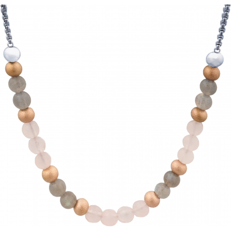 Collier STILIVITA en acier - Collection équilibre - LACHER PRISE - Quartz Rose - labradorite - billes acier rosé mattes -42+10cm