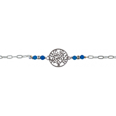 Bracelet argent rhodié - arbre de vie - agate bleue - 1,7g - longueur : 15+5CM