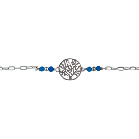 Bracelet argent rhodié - arbre de vie - agate bleue - 1,7g - longueur : 15+5CM