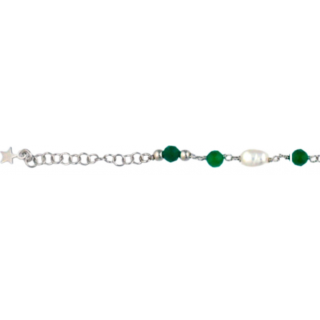 Bracelet argent rhodié - perles véritables - agate verte - 3,5g - longueur : 15+5CM
