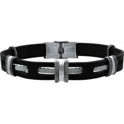 Brecelet en acier - cuir italien noir 10mm - cable en acier - composant en acier - 21,5cm