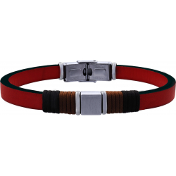 Brecelet en acier - cuir italien rouge 7mm - cordons noir et marron - composant en acier - 21,5cm