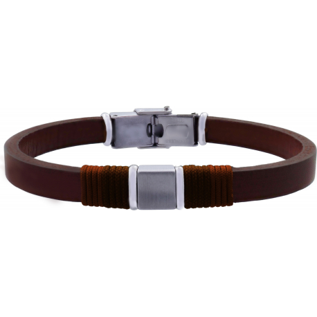 Brecelet en acier - cuir italien marron 7mm - cordons vert et marron - composant en acier - 21,5cm