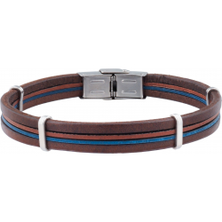 Bracelet acier -  cuir marron italien - 2 rangs de cuir marron et bleu - composants acier - réglable - 21,5cm