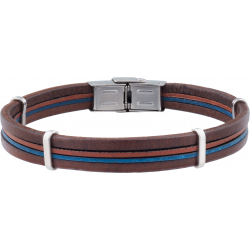 Bracelet acier -  cuir marron italien - 2 rangs de cuir marron et bleu - composants acier - réglable - 21,5cm