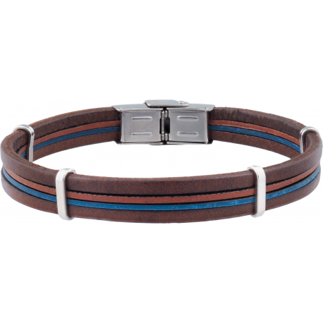 Bracelet acier -  cuir marron italien - 2 rangs de cuir marron et bleu - composants acier - réglable - 21,5cm