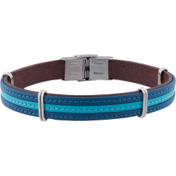 Bracelet acier - cuir italien bleu foncé et claire - composants en acier - réglable - 21,5cm