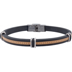 Bracelet acier - silicone noir - cuir italien marron incrusté - composants acier - réglable - 21,5cm