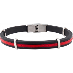 Bracelet acier - silicone noir - cuir italien rouge incrusté - composants acier - réglable - 21,5cm