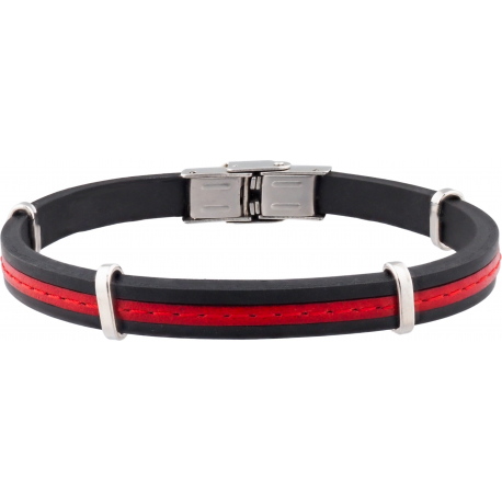 Bracelet acier - silicone noir - cuir italien rouge incrusté - composants acier - réglable - 21,5cm