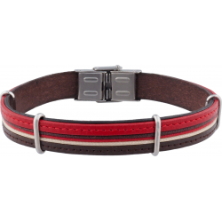 Bracelet acier - cuir italien rouge et marron - 3 cordons marron rouge et beige - composants en acier - réglable - 21,5cm