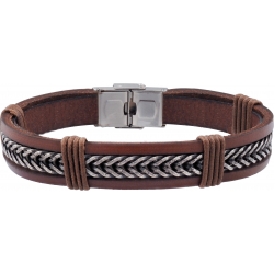 Bracelet acier -  cuir marron italien 2 rangs - cordons marrons - réglable - 21,5cm