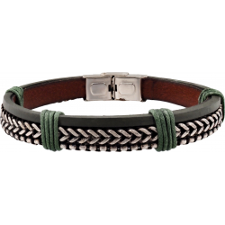 Bracelet acier -  cuir marron italien - cordons verts - composants acier - réglable - 21,5cm