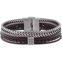 Bracelet acier -  cuir marron italien 3 rangs tressés brins et lisse - composants acier - réglable - 21,5cm