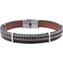 Bracelet acier -  cuir italien 2 rangs brins marron et noir - composants acier - réglable - 21,5cm