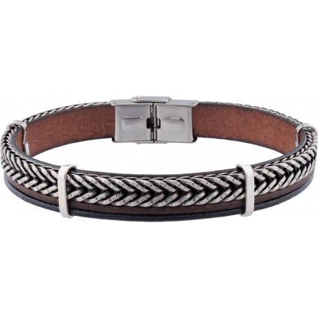 Bracelet acier -  cuir italien 2 rangs brins marron et noir - composants acier - réglable - 21,5cm