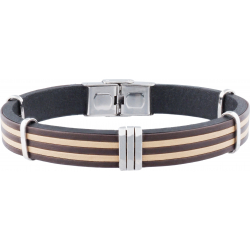 Bracelet acier - cuir italien marron et beige - composants en acier - réglable - 21,5cm