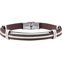 Bracelet acier - cuir italien marron - 3 cordons marrons et beige - plaque en acier - composants en acier - réglable - 21,5cm