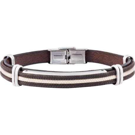 Bracelet acier - cuir italien marron - 3 cordons marrons et beige - plaque en acier - composants en acier - réglable - 21,5cm