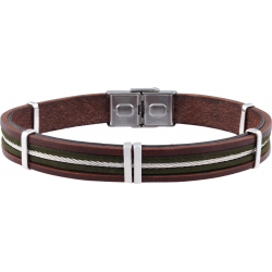 Bracelet acier -  cuir marron italien - cordons verts - cable - composants acier - réglable - 21,5cm