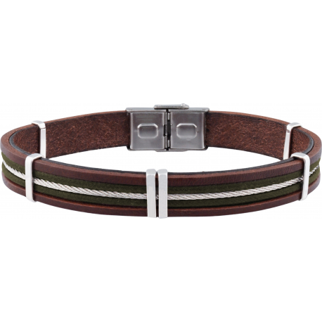 Bracelet acier -  cuir marron italien - cordons verts - cable - composants acier - réglable - 21,5cm