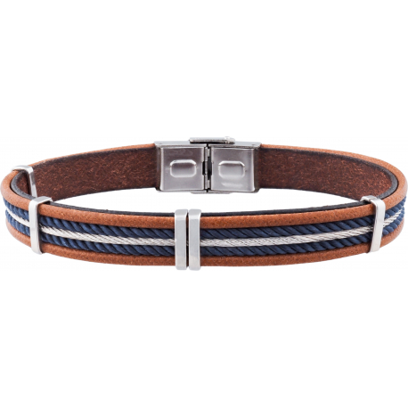 Bracelet acier -  cuir marron italien - cordons bleus - cable - composants acier - réglable - 21,5cm