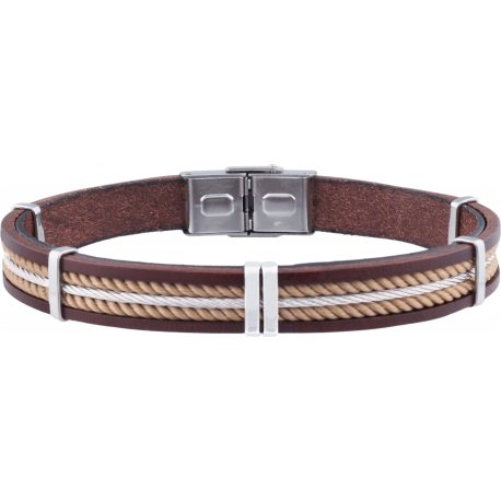 Bracelet acier -  cuir italien marron - 2 cordons beiges - cable - composants acier - réglable - 21,5cm