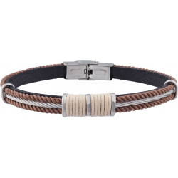 Bracelet acier - cuir italien noir - 2 cordons marrons - cable - cordon beige - composants en acier - réglable - 21,5cm