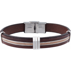 Bracelet acier -  cuir marron italien - fil marron - 2 cables - composants acier - réglable - 21,5cm