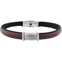 Bracelet acier - cuir italien marron - tissus noir - plaque en acier - composants acier - réglable - 21,5cm