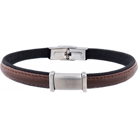 Bracelet acier - cuir italien marron - tissus noir - plaque en acier - composants acier - réglable - 21,5cm