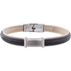 Bracelet acier - cuir italien noir - tissus beige - plaque en acier - composants acier - réglable - 21,5cm