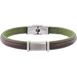 Bracelet acier - cuir italien marron - tissus vert - plaque en acier - composants acier - réglable - 21,5cm