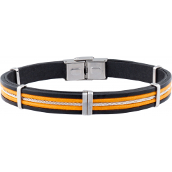 Bracelet acier -  cuir italien noir - 2 cordons orange - cable - composants acier - réglable - 21,5cm