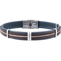 Bracelet acier -  cuir italien bleu et marron - cable - composants acier - réglable - 21,5cm