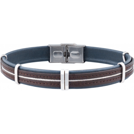Bracelet acier -  cuir italien bleu et marron - cable - composants acier - réglable - 21,5cm