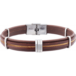 Bracelet acier -  cuir marron italien - chaîne dorée - composants acier - réglable - 21,5cm