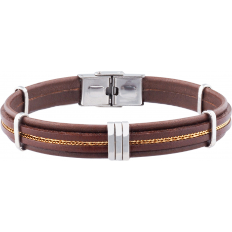 Bracelet acier -  cuir marron italien - chaîne dorée - composants acier - réglable - 21,5cm