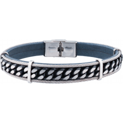 Bracelet acier -  cuir noir italien - 2 rangs de cables - chaine noir en acier - composants acier - réglable - 21,5cm