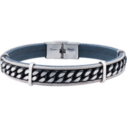 Bracelet acier -  cuir noir italien - 2 rangs de cables - chaine noir en acier - composants acier - réglable - 21,5cm